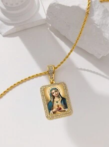 1件个性化信仰方形立方氧化锆人物吊坠，女士日常佩戴圣诞祈祷项链，18k镀金不锈钢 - 金色 - 查看 3