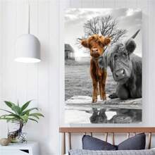 1入高地牛帆布壁畫，黑白動物印花圖片，高地牛照片，農舍風格畫作，適用於家居裝飾，不含相框 - 灰色 - 查看 1