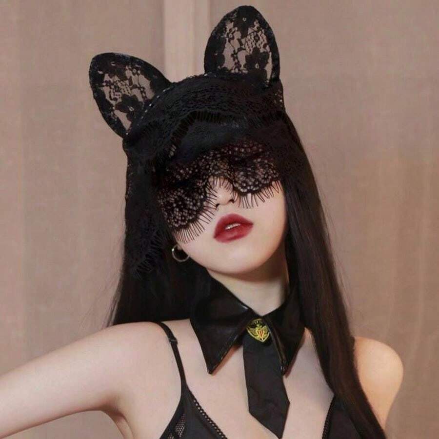 1 件創意新款性感黑色蕾絲蕾絲面紗眼罩貓兔耳髮帶女式性感頭帶頭飾 - 黑色 - 查看 1