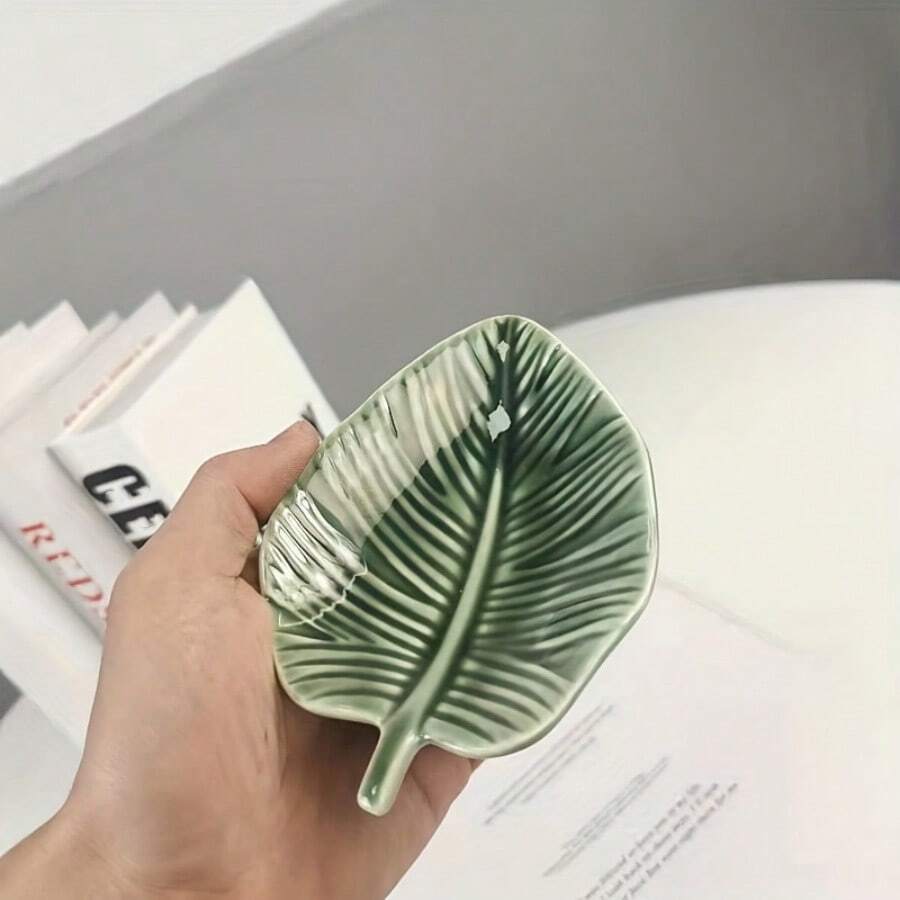1pc Ceramic Green Leaf Tray For Cosmetics And Jewelry Storage - Green - View 1