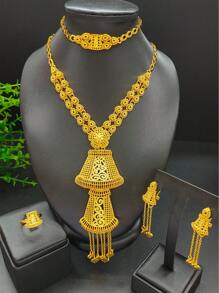 1 bộ phụ kiện cô dâu, bao gồm 1 vòng cổ, 1 đôi bông tai, 1 vòng tay và 1 nhẫn, bộ trang sức thiết kế hoa và dây chuyền tua rua vàng, trang sức cưới theo phong cách châu Âu và Mỹ cho ngày lễ tình nhân - Vàng - Xem 6