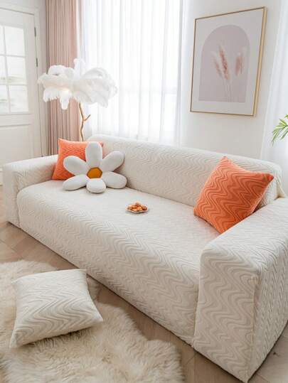 1pc Universal Plush Jacquard Solid Color Four Seasons Elastic Sofa Cover, Modern Style Anti-Slip Stretch Sofa Slipcover, Suitable For L-Shaped Sofa And 1/2/3/4 Seater Sofa (Free Pillow Cover Included)