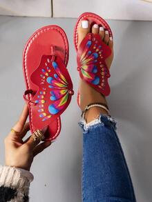 New Arrival Women's Flat Sandals, Fashionable Butterfly Print Flip Flops With Toe Post For Casual Walking - Red - View 1
