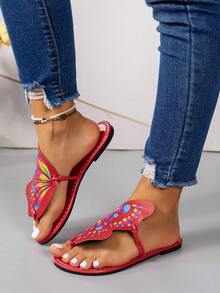 New Arrival Women's Flat Sandals, Fashionable Butterfly Print Flip Flops With Toe Post For Casual Walking - Red - View 3