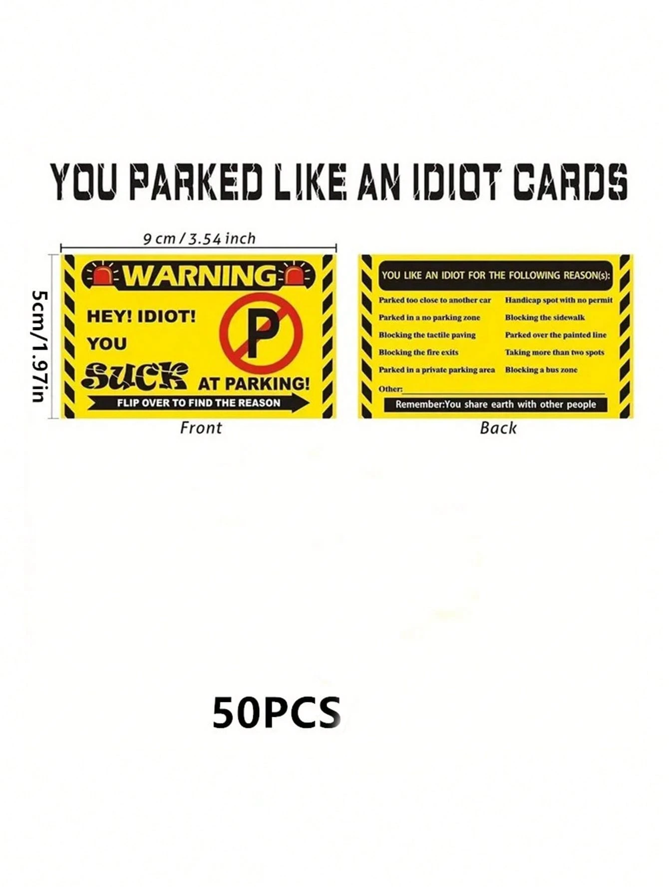50pcs 56D Sheets You Parked Like An Idiot Business Cards, Writable Bad ...