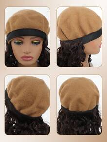 帽子假髮合成短卷曲波浪髮假髮,帽子貝雷帽假髮加長黑褐色假髮帽,耐高溫線 - Dark Brown - 查看 6