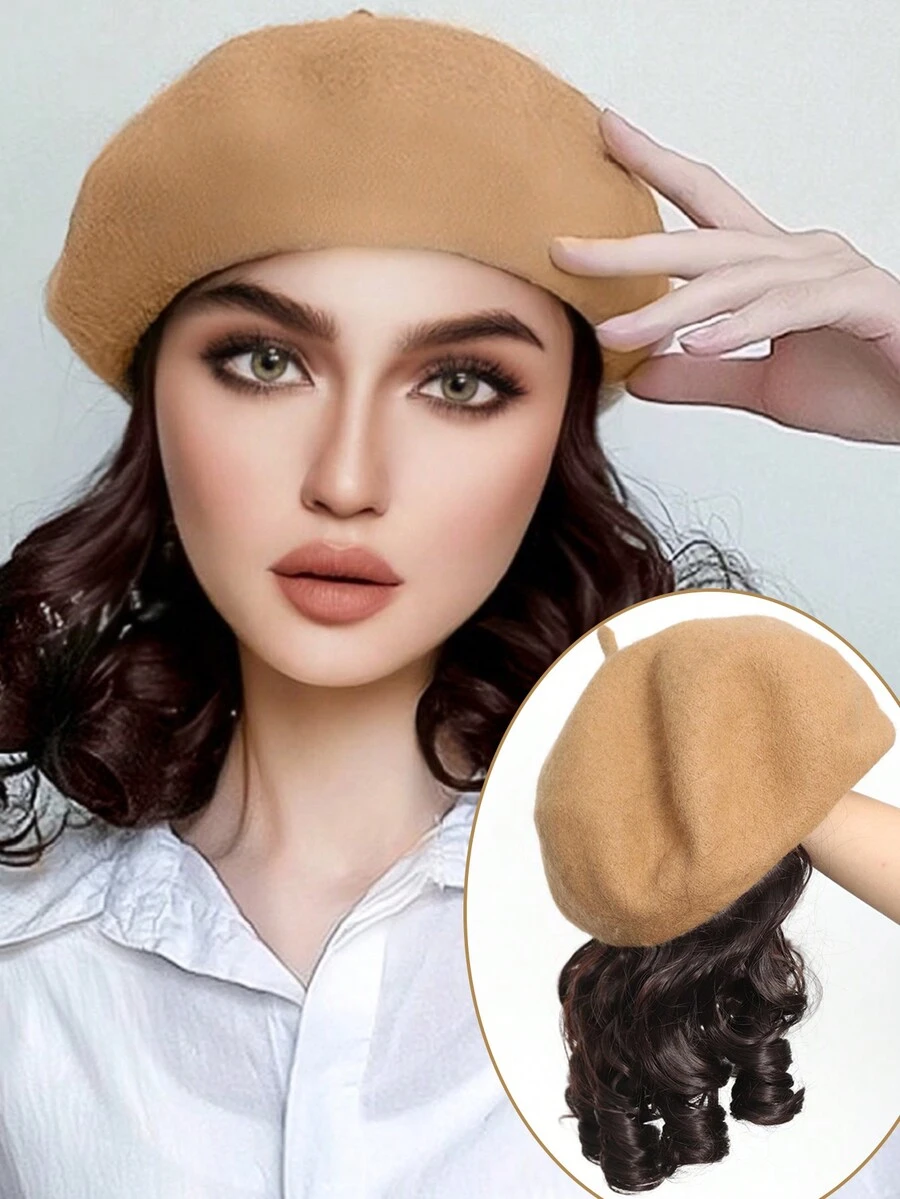 帽子假髮合成短卷曲波浪髮假髮,帽子貝雷帽假髮加長黑褐色假髮帽,耐高溫線 - Dark Brown - 查看 1