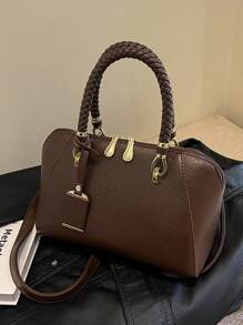 時尚優雅純色編織手柄海貝帆布包女士手提袋 - 咖啡棕 - 查看 6