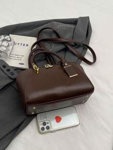 時尚優雅純色編織手柄海貝帆布包女士手提袋 - 咖啡棕 - 查看 7