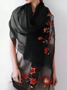 1 件女式黑色花卉圖案刺繡絲毛混紡圍巾,優雅荷葉設計,適合夏季,秋冬溫暖,完美作為旅行披肩和防曬霜,裝飾長圍巾 - 黑色 - 查看 1