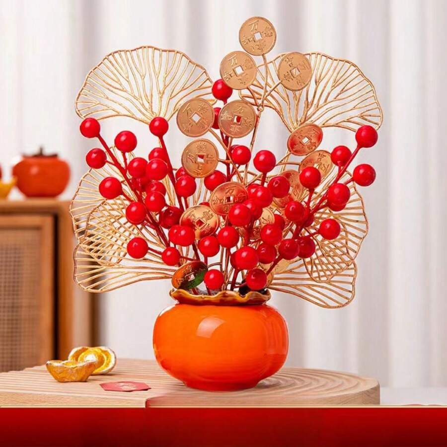 1pc Chinese New Year 2024 Auspicious Persimmon Basket Arrangement, Artificial Flowers Decor (Material Package Included)