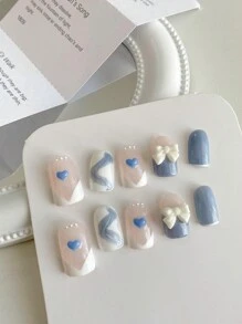 10入組可愛短方形手工假指甲,藍色配心形,奶油色蝴蝶結,3d立體貼花美甲,適用於節日,聚會和日常穿著 - 藍白色 - 查看 1