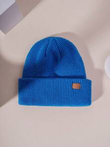 1pc Unisex Blue Ski Hat With Y2k Style Tag, Knitted Beanie For Outdoor Activities And Casual Wear, Winter - Royal Blue - View 1