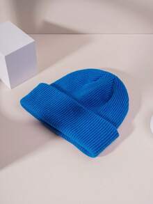 1pc Unisex Blue Ski Hat With Y2k Style Tag, Knitted Beanie For Outdoor Activities And Casual Wear, Winter - Royal Blue - View 2