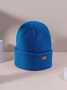1pc Unisex Blue Ski Hat With Y2k Style Tag, Knitted Beanie For Outdoor Activities And Casual Wear, Winter - Royal Blue - View 3