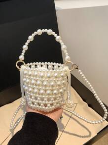 Mini Bolsa Cuadrada De Moda Con Detalles De Perlas De Mano - Blanco - Ver 3