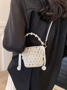 Mini Bolsa Cuadrada De Moda Con Detalles De Perlas De Mano - Blanco - Ver 6
