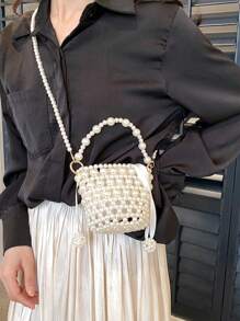 Mini Bolsa Cuadrada De Moda Con Detalles De Perlas De Mano - Blanco - Ver 5