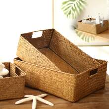 1pc Nordic Style Seagrass Woven Storage Basket, Handmade Creative Storage Tray With Handles, Multi-Functional Desktop Drawer Grocery Cosmetics Organizer, Office Desktop Storage Basket, Bathroom Bedroom Living Room Dormitory Storage Basket, Home Organization And Storage Supplies, Home Decoration, Room Decoration, Woven Storage Basket, Hand-Woven Storage Box, Desktop Grocery Storage Box, Snack Storage Plate, Jewelry Organizer, Living Room Plant Storage Basket, Kitchen, Bedroom, Bathroom, Wardrobe, Game Room Classification Storage Bathroom Cosmetic Storage Box. Household Organization And Storage Supplies, Office Desk Organizer.