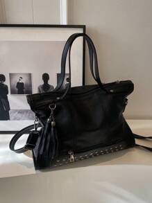 New Arrival Casual Retro Fashion Mini Tassel Rivet Handbag Shoulder Bag - Black - View 2