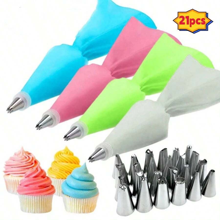 21pcs Cake Decorating Tips Set Including Reusable Silicone Pastry Bag, Stainless Steel Frosting Tips Kit And Coupler, Essential Baking Tools - White - View 1