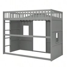 Twin Size House Loft Bed With Ladder - Grey - View 9