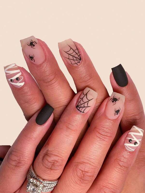 Y2K – patch pour les yeux en forme d'araignée et de toile d'araignée noire, taille moyenne, esthétique, 1 pièce de bande de frottement des ongles et 1 pièce de colle à gelée, 24 pièces