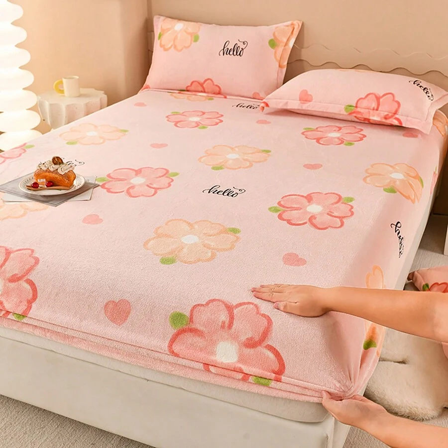 1pc Soft & Warm Flannel Fitted Sheet, Milk Velvet Wrapped Fully, No Fluorescent Agent, Mattress Cover For Winter