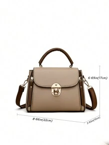 Vintage Minimalist Retro-Style Flip Cover Handbag With Decorative Metal Turn-Lock, Convertible Shoulder Bag For Women - Khaki - View 5