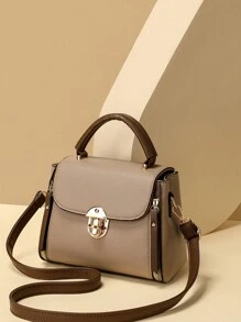 Vintage Minimalist Retro-Style Flip Cover Handbag With Decorative Metal Turn-Lock, Convertible Shoulder Bag For Women - Khaki - View 3