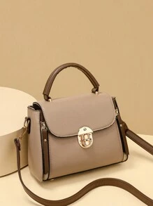 Vintage Minimalist Retro-Style Flip Cover Handbag With Decorative Metal Turn-Lock, Convertible Shoulder Bag For Women - Khaki - View 4