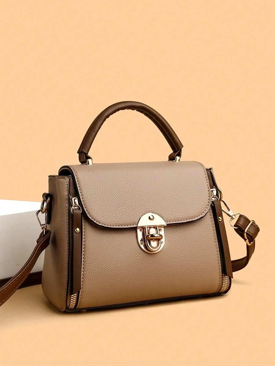 Vintage Minimalist Retro-Style Flip Cover Handbag With Decorative Metal Turn-Lock, Convertible Shoulder Bag For Women - Khaki - View 1