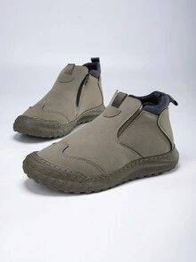 男士卡其色時尚休閒短靴,毛皮襯裡,一腳蹬設計,冬季輕鬆穿著保暖 - 卡其色 - 查看 5