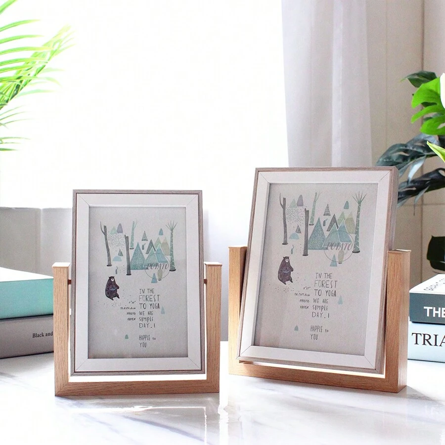 1 件木制相框 4x6/5x7 旋转画框一面可用作化妆镜，一面可作为照片，适合婚礼、朋友、家人生日礼物，双面高清玻璃可垂直展示桌面现代设计装饰化妆镜 - 原木色 - 查看 1