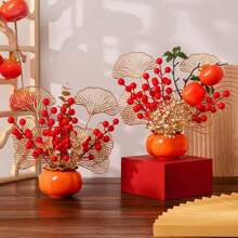 1pc Chinese New Year 2024 Auspicious Persimmon Basket Arrangement, Artificial Flowers Decor (Material Package Included)