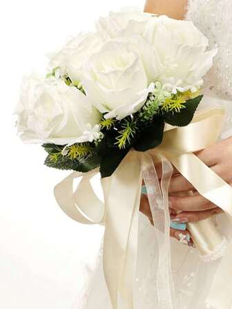 1束白色人造玫瑰花束,適用於婚禮、伴娘、情人節