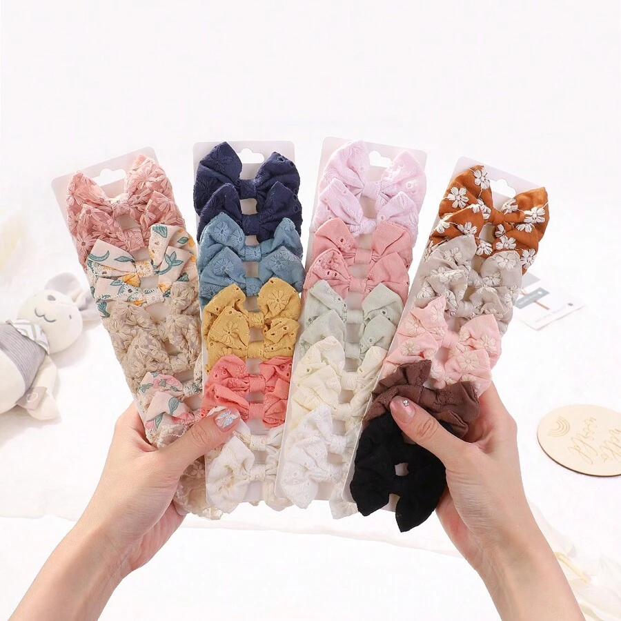 bilicaca 10pcs/pack Random Color Floral Fabric Bow Hair Clips For Kids, Simple And Sweet Ponytail Holders Or Side Clips, Perfect For Travel And Cute Girls' Hair Decorations