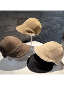 1pc Winter Thickening Warm Hat For Women, Bucket Hat With Elastic Band, Double-Layered Plush Baseball Cap To Highlight A Slimmer Face - Beige - View 3