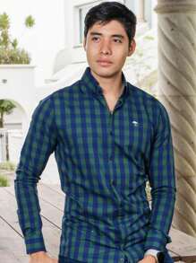 Men's Casual Slim Fit Green And Blue Plaid Shirt - 綠色 - 查看 5