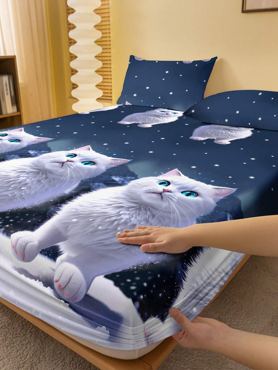 1入時尚簡約風貓印花刷毛床單防塵套，適用於臥室家居紡織床上用品 - 彩色 - 查看 1