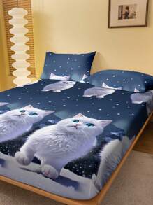 1入時尚簡約風貓印花刷毛床單防塵套，適用於臥室家居紡織床上用品 - 彩色 - 查看 3