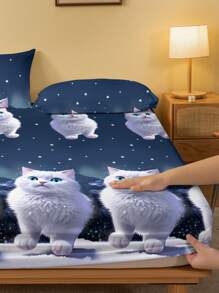 1入時尚簡約風貓印花刷毛床單防塵套，適用於臥室家居紡織床上用品 - 彩色 - 查看 4