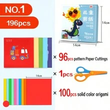 196入組兒童彩色卡通圖案剪紙套裝,用於幼稚園手工和學生diy,彩色紙藝術和工藝套裝 - 96張彩圖+100張純色紙 - 查看 2