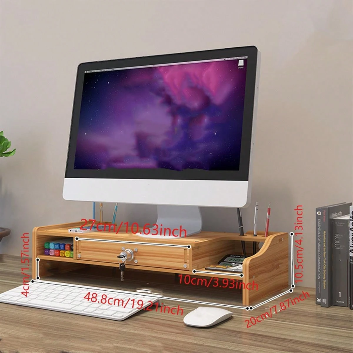Shelf Railing For Computer Table 1pc Desktop Riser Shelf With Drawer, Computer Monitor Stand With ...