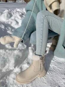 冬季新款時尚毛絨內襯加厚女式戶外雪靴,pu皮材質,防水,厚跟,防滑,保暖 - 米色 - 查看 5
