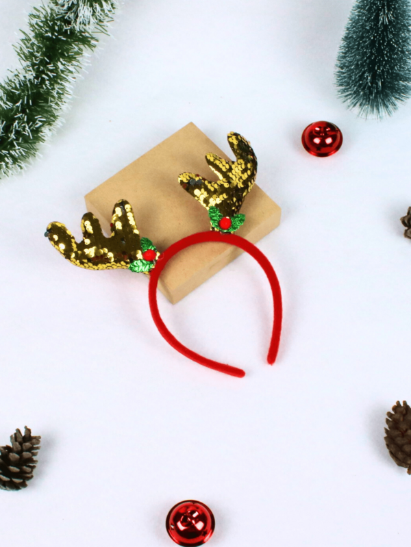 DIADEMA NAVIEÑA CON FORMA DE CUERNOS DE RENO DECORADOS CON LENTEJUELA DOBLE VISTA ( ROJO - DORADO, MULTICOLOR - PLATEADO, DORADO - PLATEADO) FORRADA DE TELA, CÓMODA.