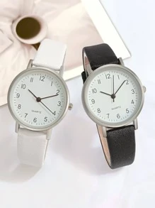 2 件/套男女通用休閒圓形石英情侶手錶適合日常使用 - 黑色 - 查看 2