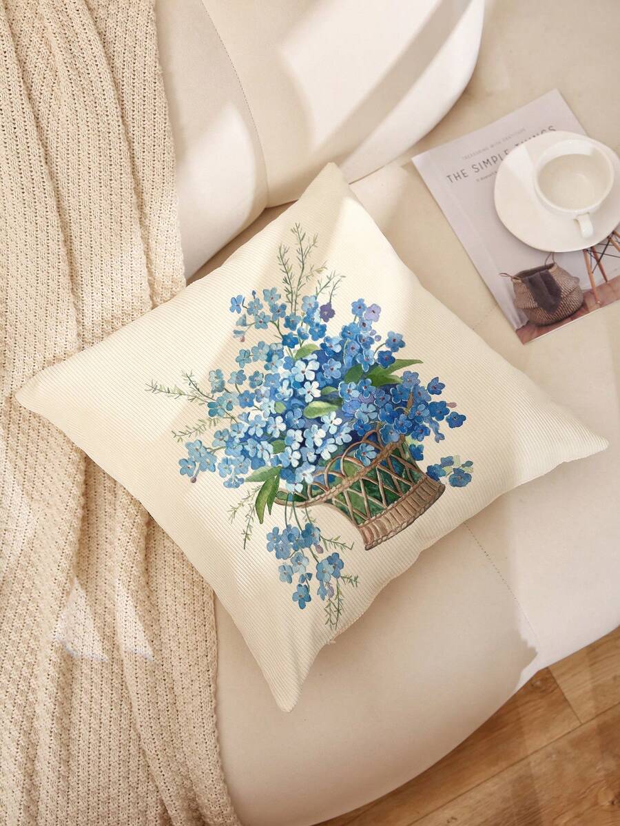 1個簡單的花朵和字母印花厚可麗紗坐墊套,裝飾沙發用的枕套,不含枕芯