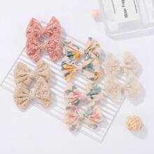 bilicaca 10pcs/pack Random Color Floral Fabric Bow Hair Clips For Kids, Simple And Sweet Ponytail Holders Or Side Clips, Perfect For Travel And Cute Girls' Hair Decorations