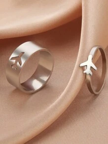 2 件套不銹鋼心形、蝴蝶、月亮、飛機設計女士戒指套裝,簡約、浪漫情侶禮物,男女通用 - 戒指套裝 - 查看 15